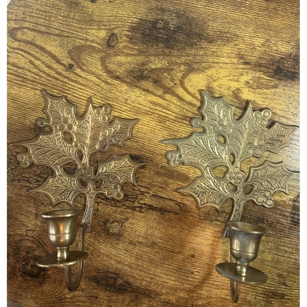 Vintage Brass Holly Leaf Candle Holders Pair Christmas Sconce Decor  Holiday Set